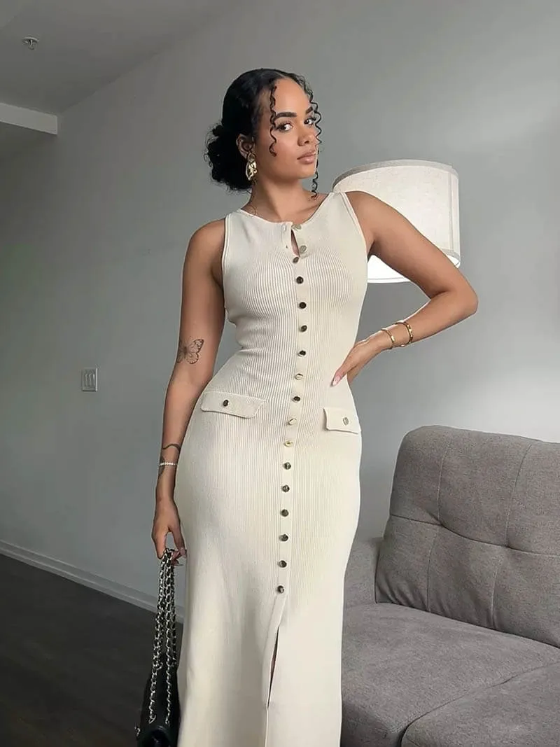 Ribbed Knit Midi Dress with Button Detail