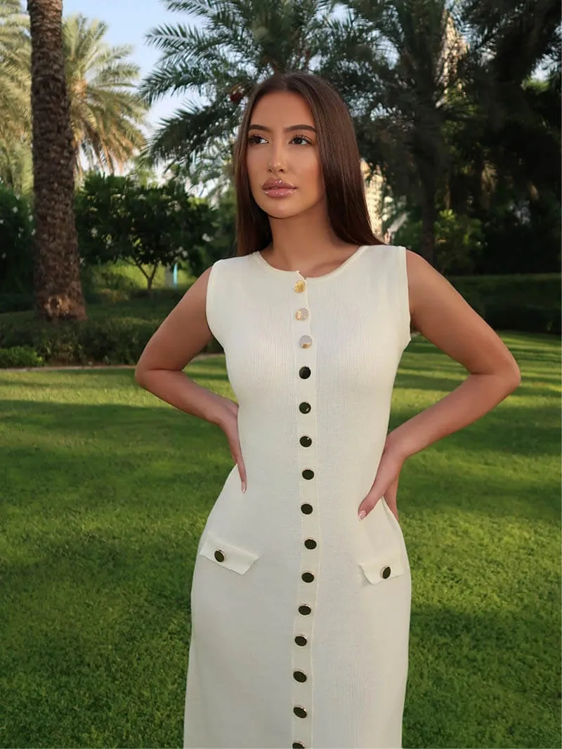 Ribbed Knit Midi Dress with Button Detail