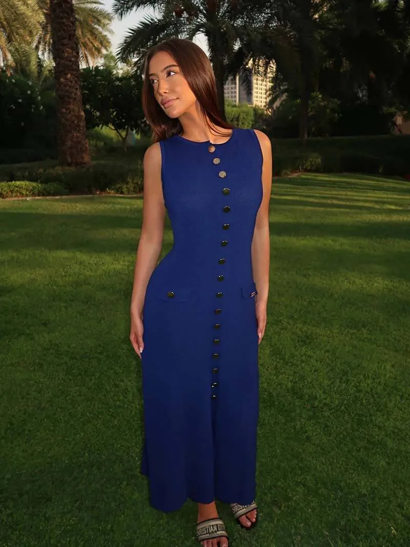 Ribbed Knit Midi Dress with Button Detail