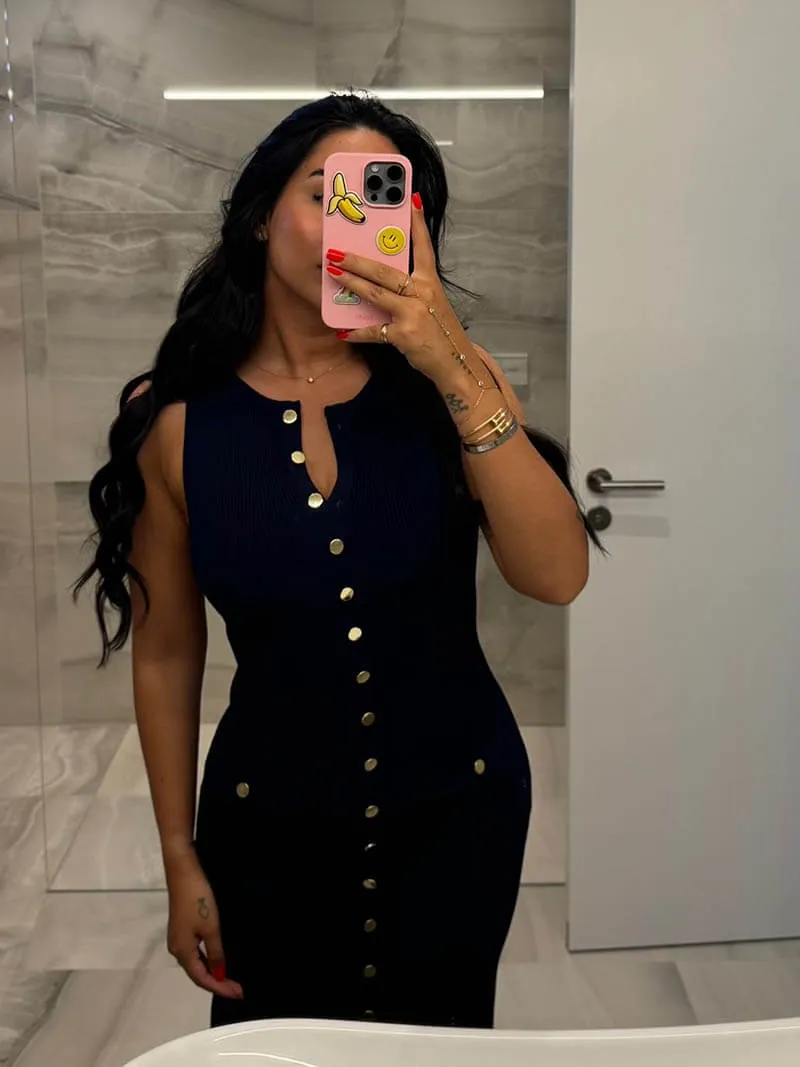 Ribbed Knit Midi Dress with Button Detail