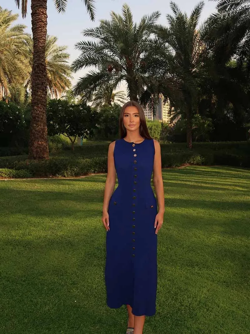 Ribbed Knit Midi Dress with Button Detail