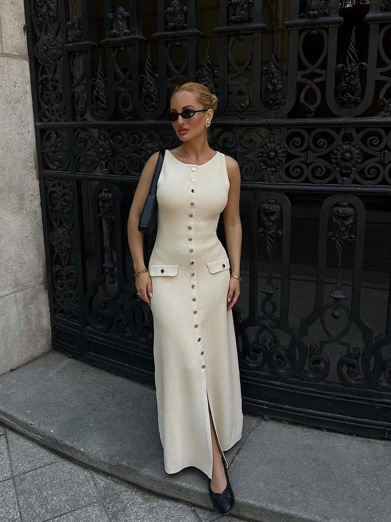 Ribbed Knit Midi Dress with Button Detail