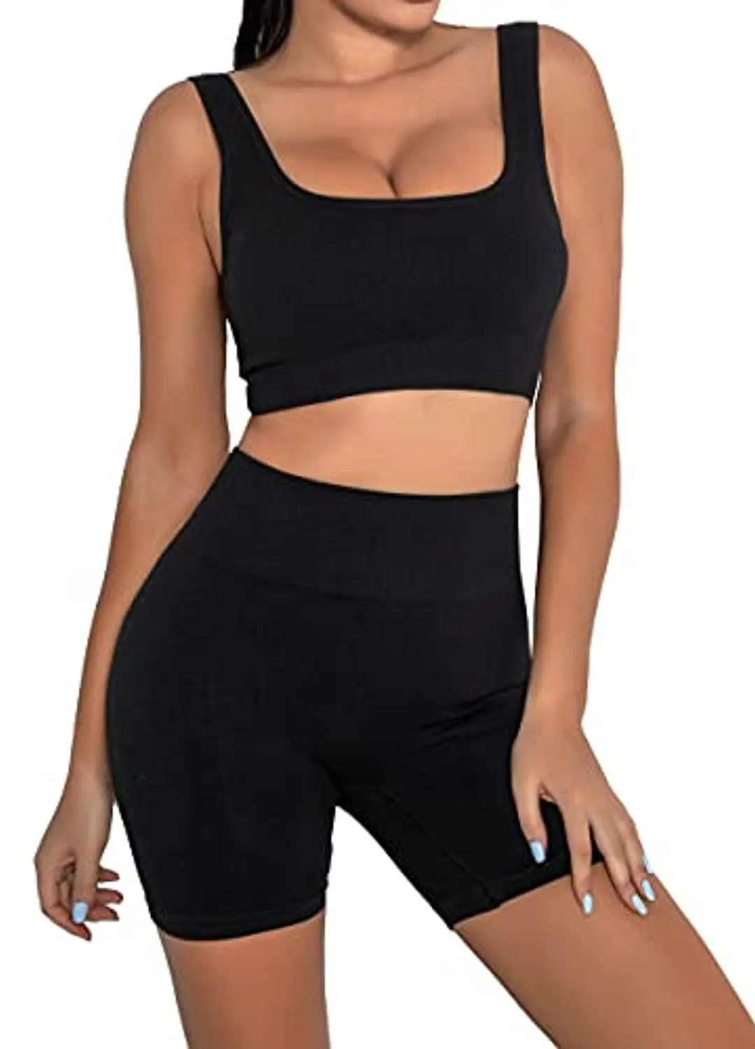 Ribbed Workout Sets for Women 2 Piece Gym Outfits Crop Tops High Waist Running Shorts Yoga Activewear