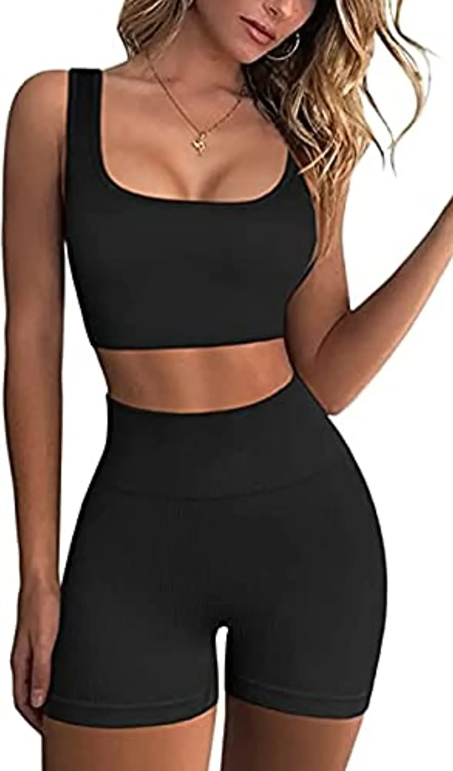 Ribbed Workout Sets for Women 2 Piece Gym Outfits Crop Tops High Waist Running Shorts Yoga Activewear