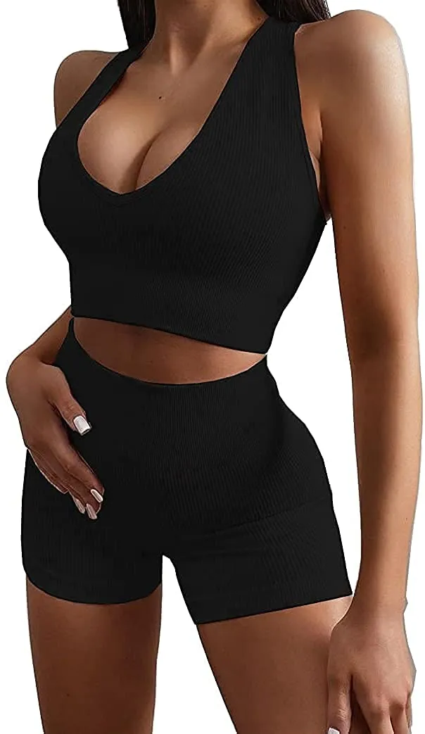 Ribbed Workout Sets for Women 2 Piece Gym Outfits Crop Tops High Waist Running Shorts Yoga Activewear