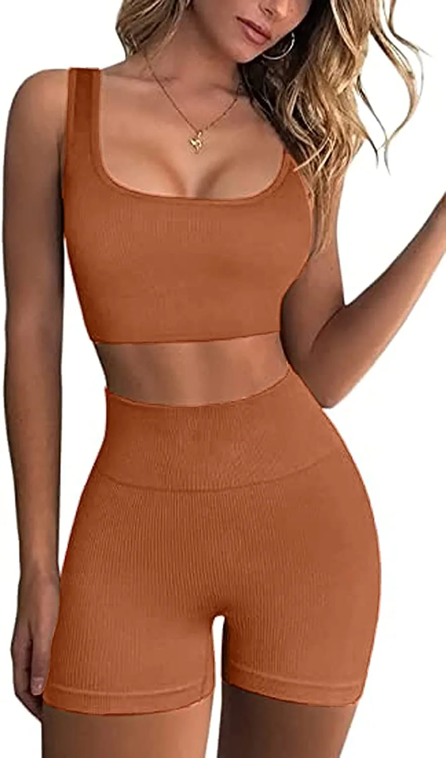 Ribbed Workout Sets for Women 2 Piece Gym Outfits Crop Tops High Waist Running Shorts Yoga Activewear
