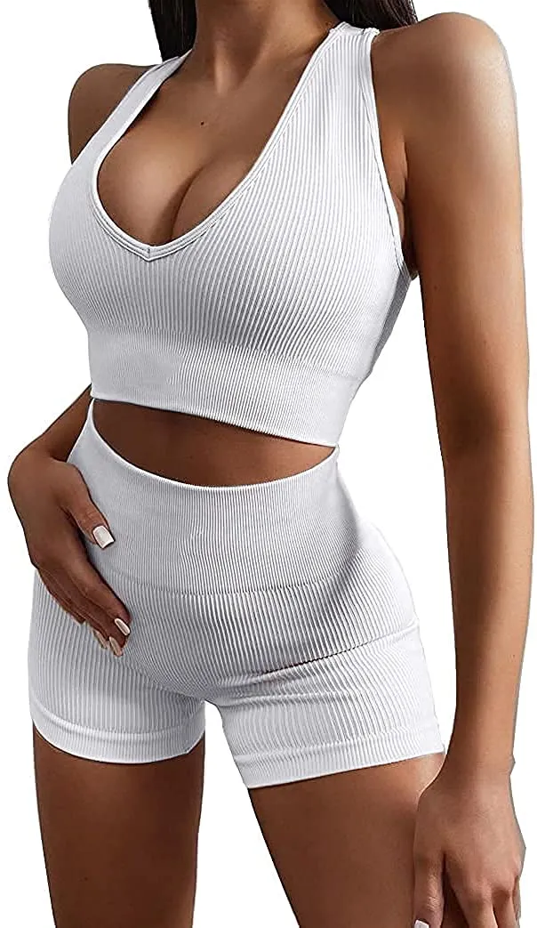 Ribbed Workout Sets for Women 2 Piece Gym Outfits Crop Tops High Waist Running Shorts Yoga Activewear