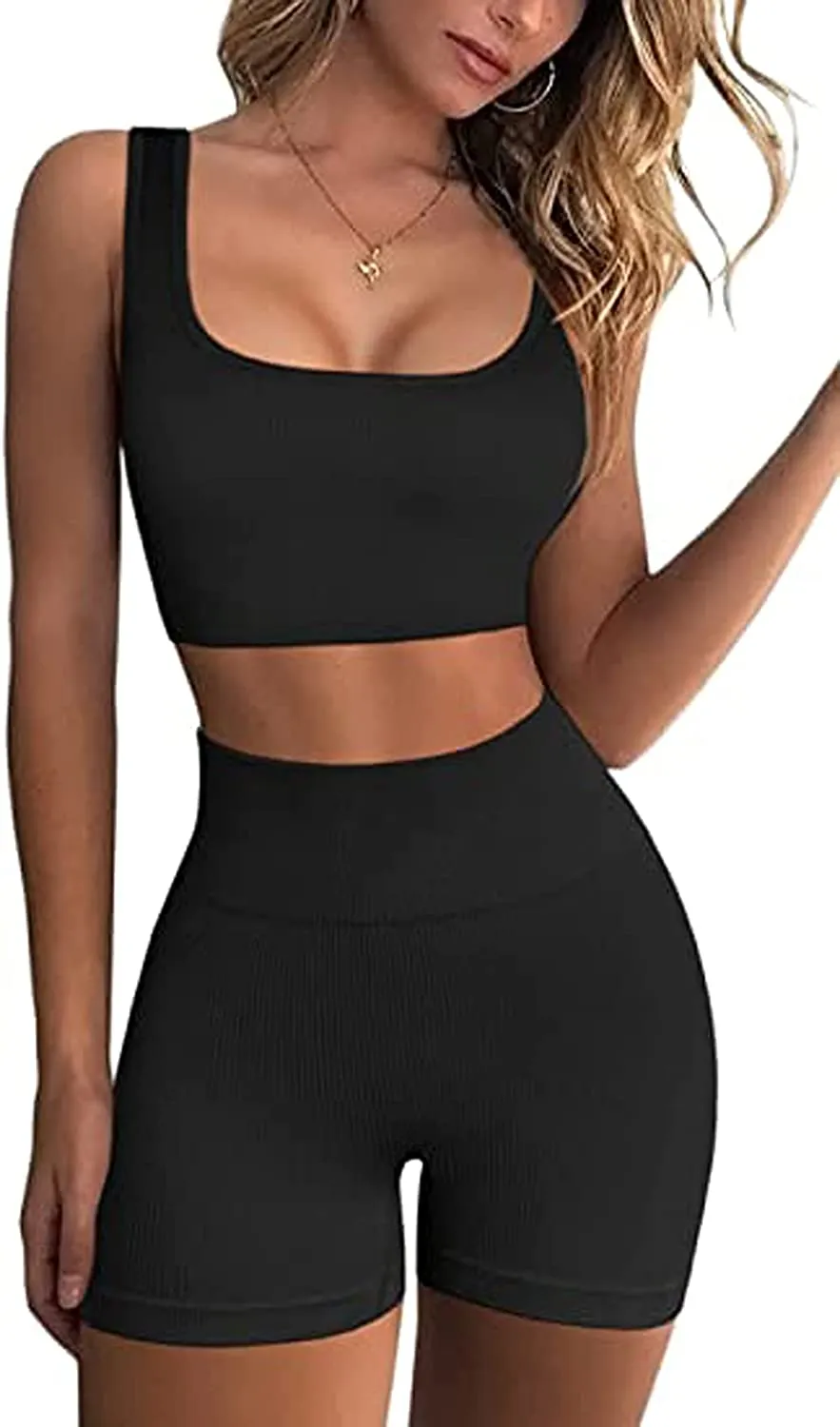 Ribbed Workout Sets for Women 2 Piece Gym Outfits Crop Tops High Waist Running Shorts Yoga Activewear