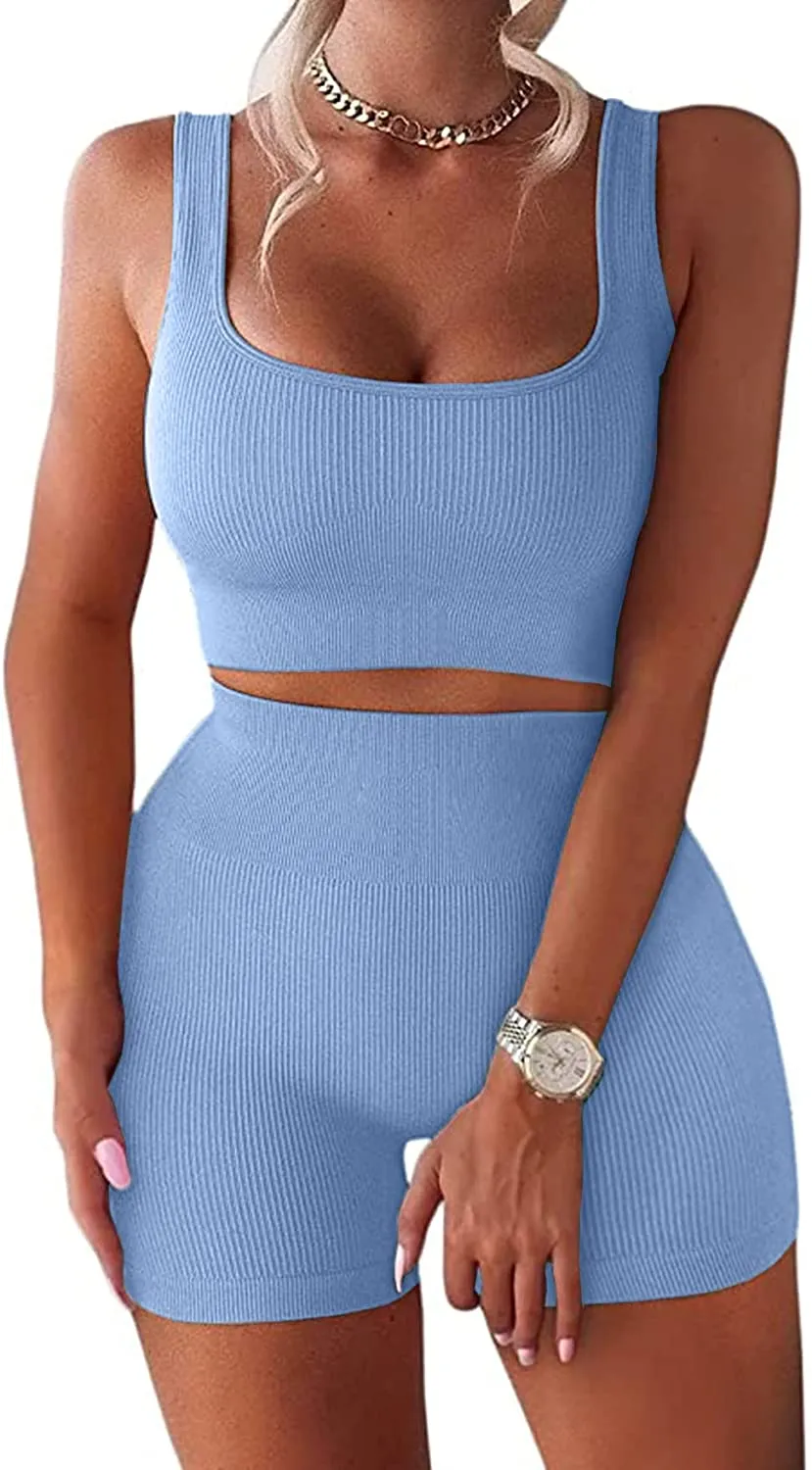 Ribbed Workout Sets for Women 2 Piece Gym Outfits Crop Tops High Waist Running Shorts Yoga Activewear