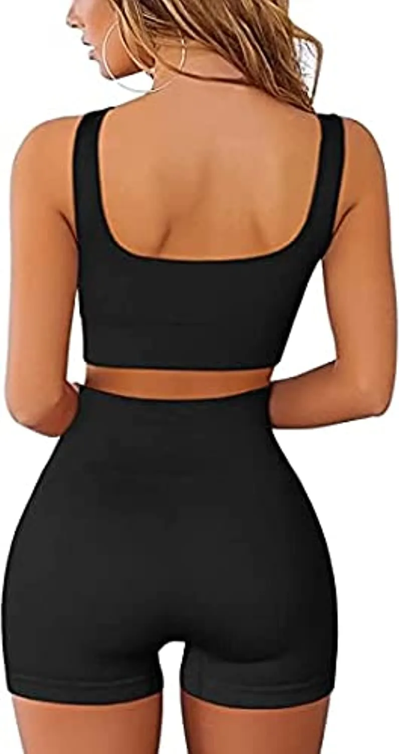 Ribbed Workout Sets for Women 2 Piece Gym Outfits Crop Tops High Waist Running Shorts Yoga Activewear
