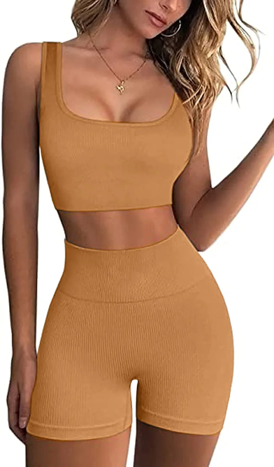 Ribbed Workout Sets for Women 2 Piece Gym Outfits Crop Tops High Waist Running Shorts Yoga Activewear