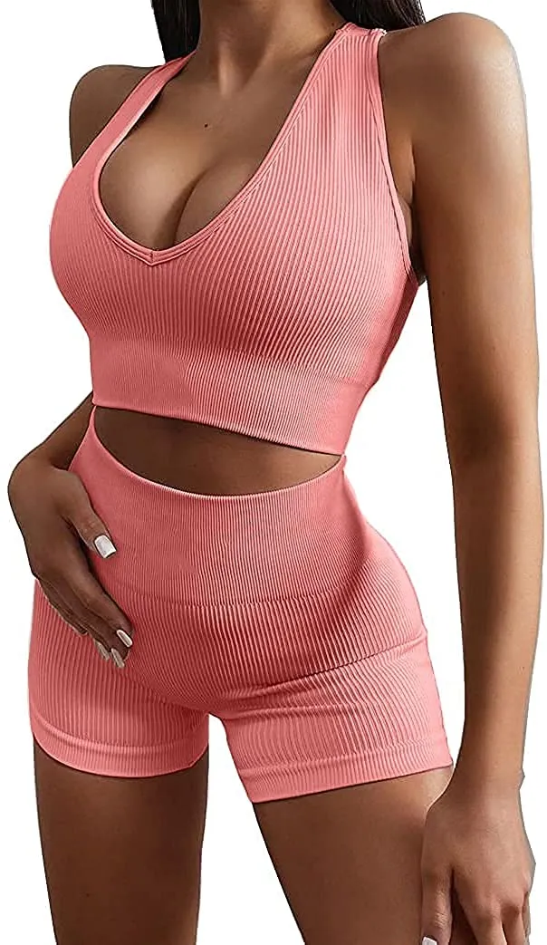 Ribbed Workout Sets for Women 2 Piece Gym Outfits Crop Tops High Waist Running Shorts Yoga Activewear