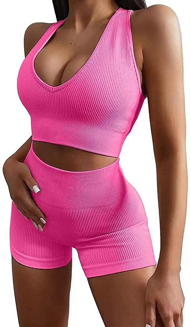 Ribbed Workout Sets for Women 2 Piece Gym Outfits Crop Tops High Waist Running Shorts Yoga Activewear