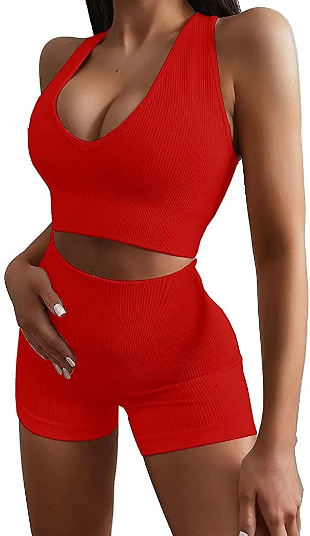 Ribbed Workout Sets for Women 2 Piece Gym Outfits Crop Tops High Waist Running Shorts Yoga Activewear