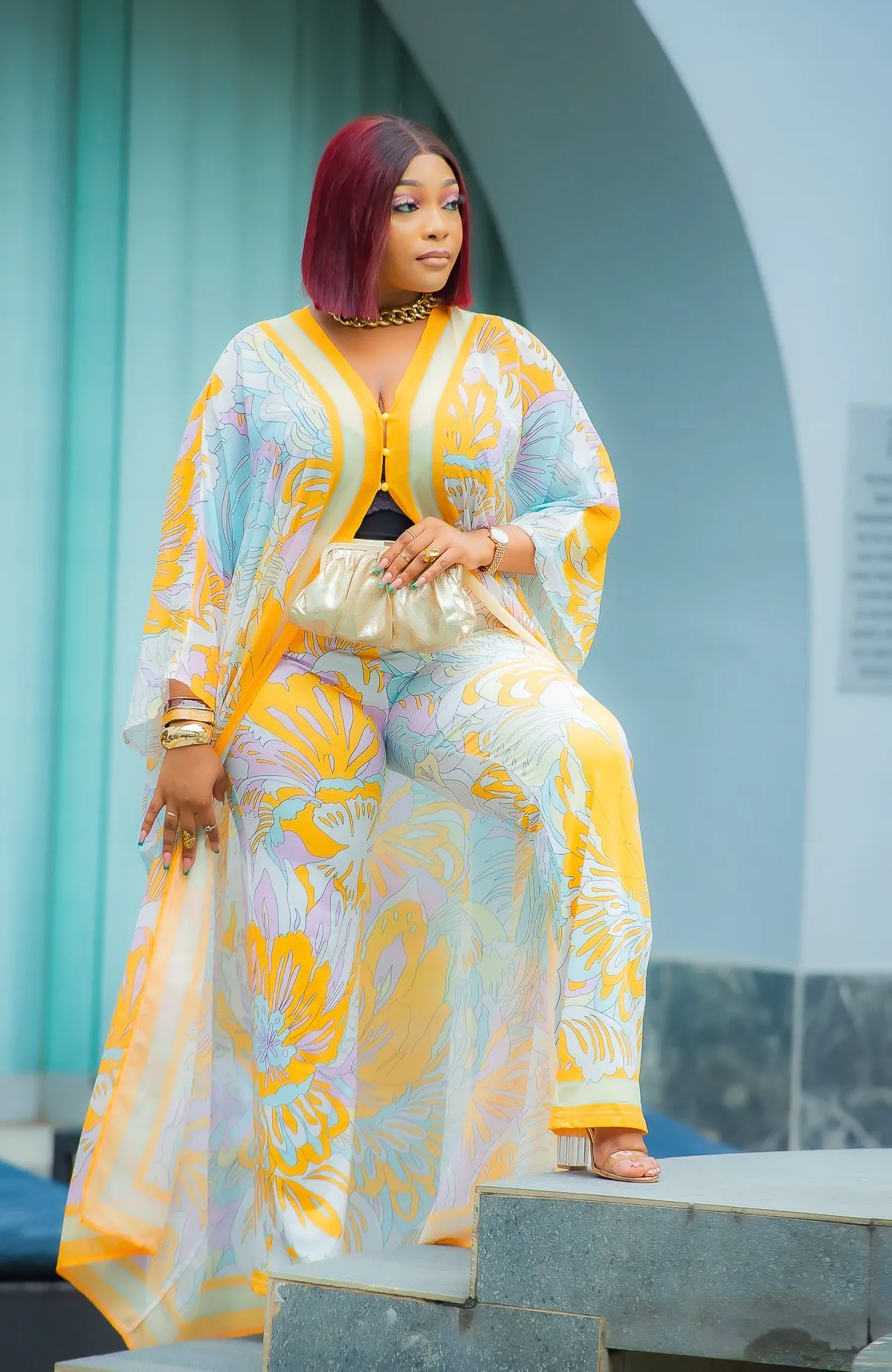 Rich Aunty Blossom- 2pc Floral Kimono Top/Long Pant SET (NEW)