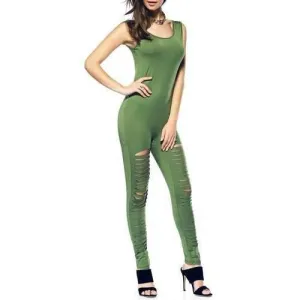 Ripped Cut Out Skinny Jumpsuit - Pea Green S