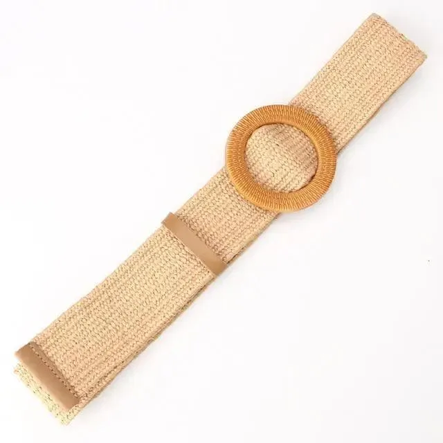 Round Women Waist Belt Classic Wooden Buckle Casual Style Buckle Simple Lightweight Waist Dress Band