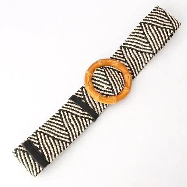 Round Women Waist Belt Classic Wooden Buckle Casual Style Buckle Simple Lightweight Waist Dress Band