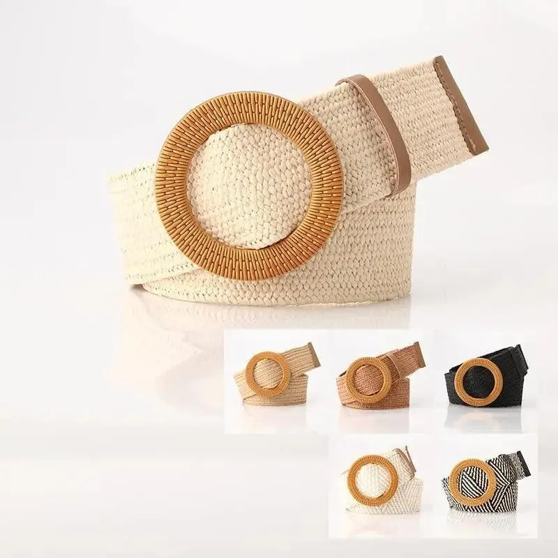 Round Women Waist Belt Classic Wooden Buckle Casual Style Buckle Simple Lightweight Waist Dress Band