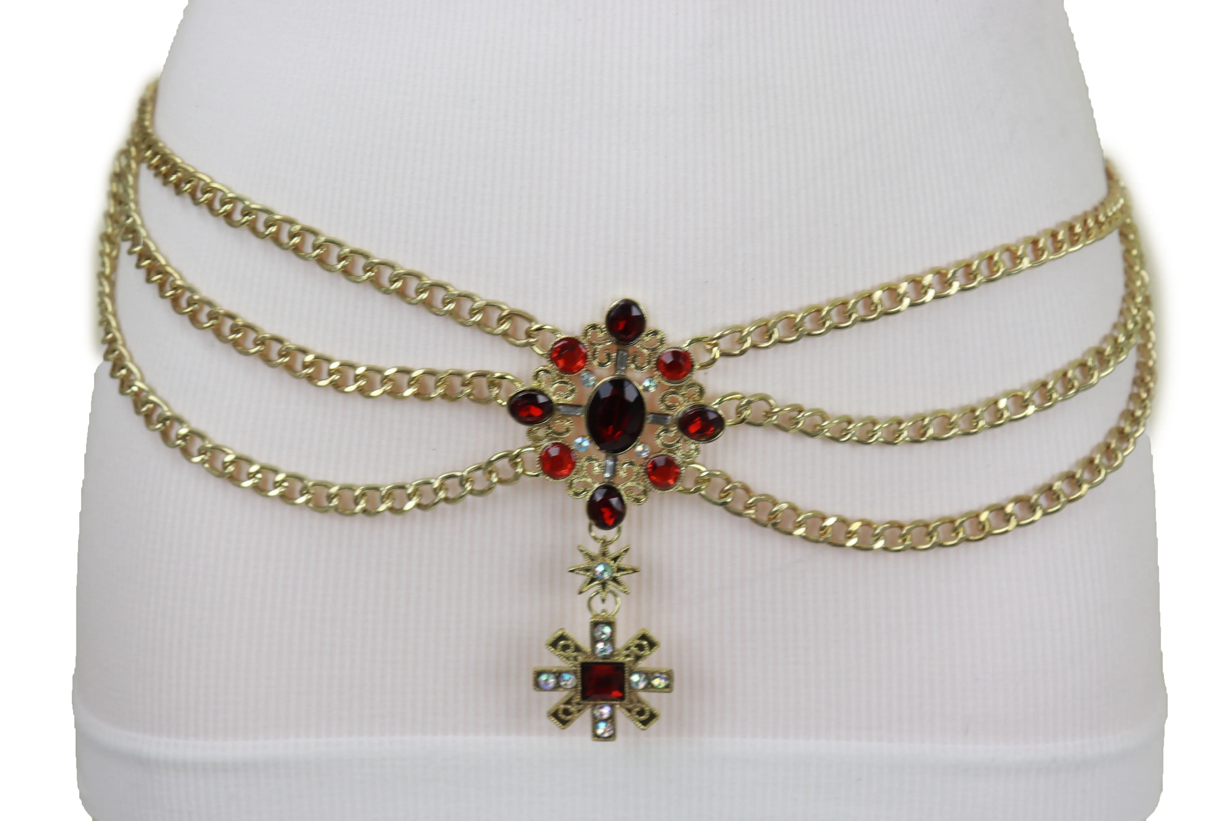 Rusty Gold Metal Chain Belt British Red Cross Star Charm S M
