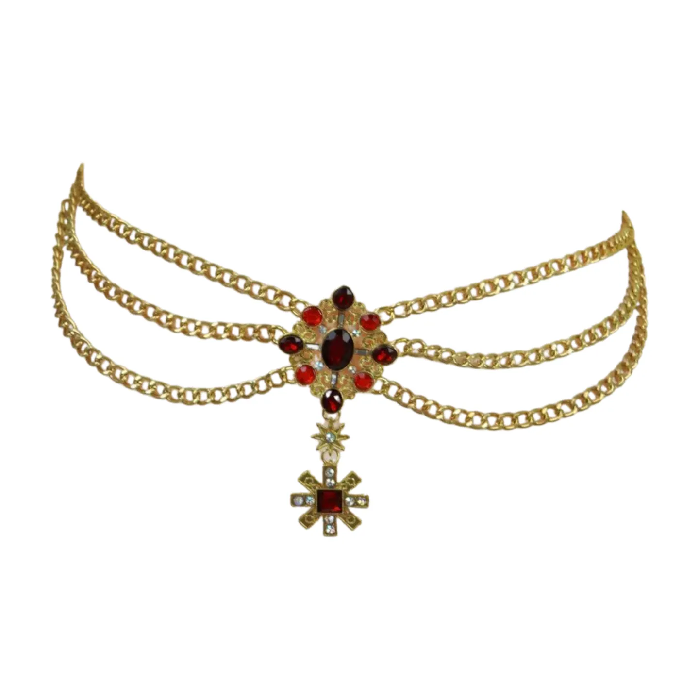 Rusty Gold Metal Chain Belt British Red Cross Star Charm S M