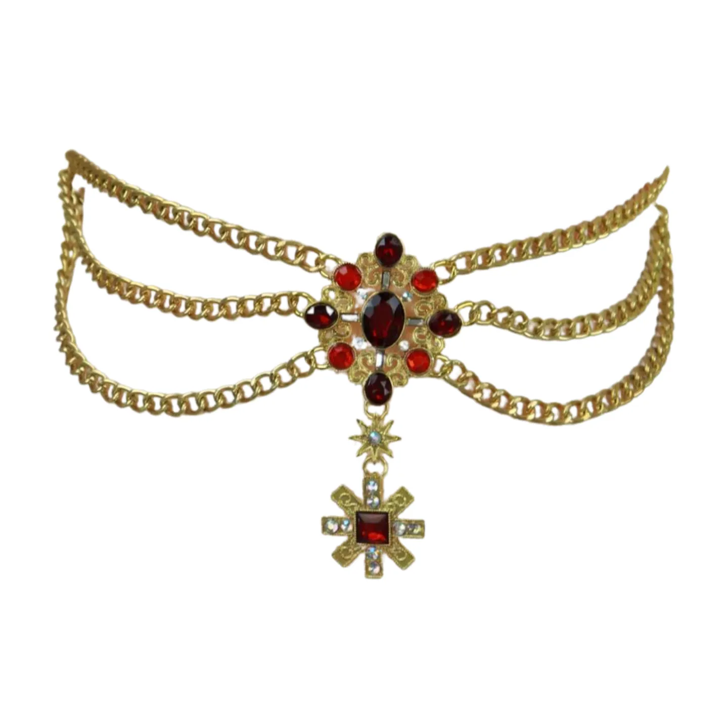 Rusty Gold Metal Chain Belt British Red Cross Star Charm S M