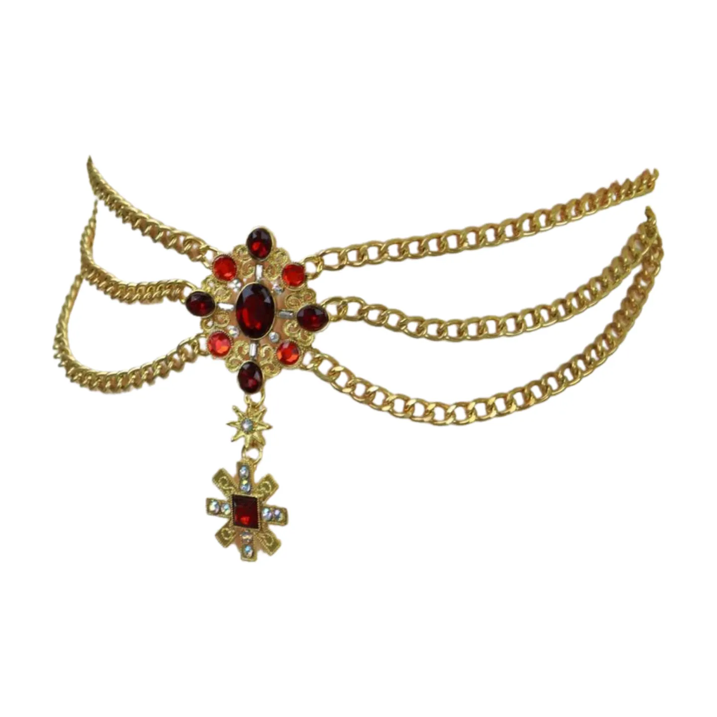Rusty Gold Metal Chain Belt British Red Cross Star Charm S M