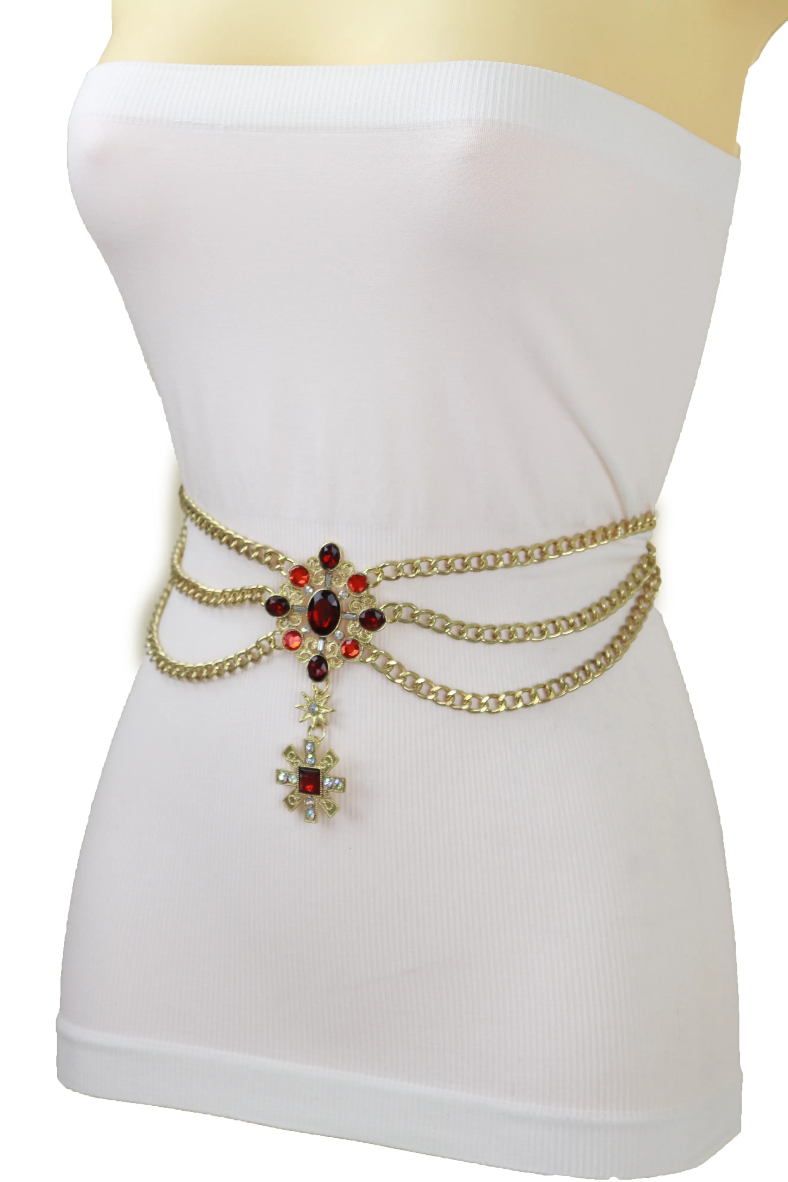 Rusty Gold Metal Chain Belt British Red Cross Star Charm S M