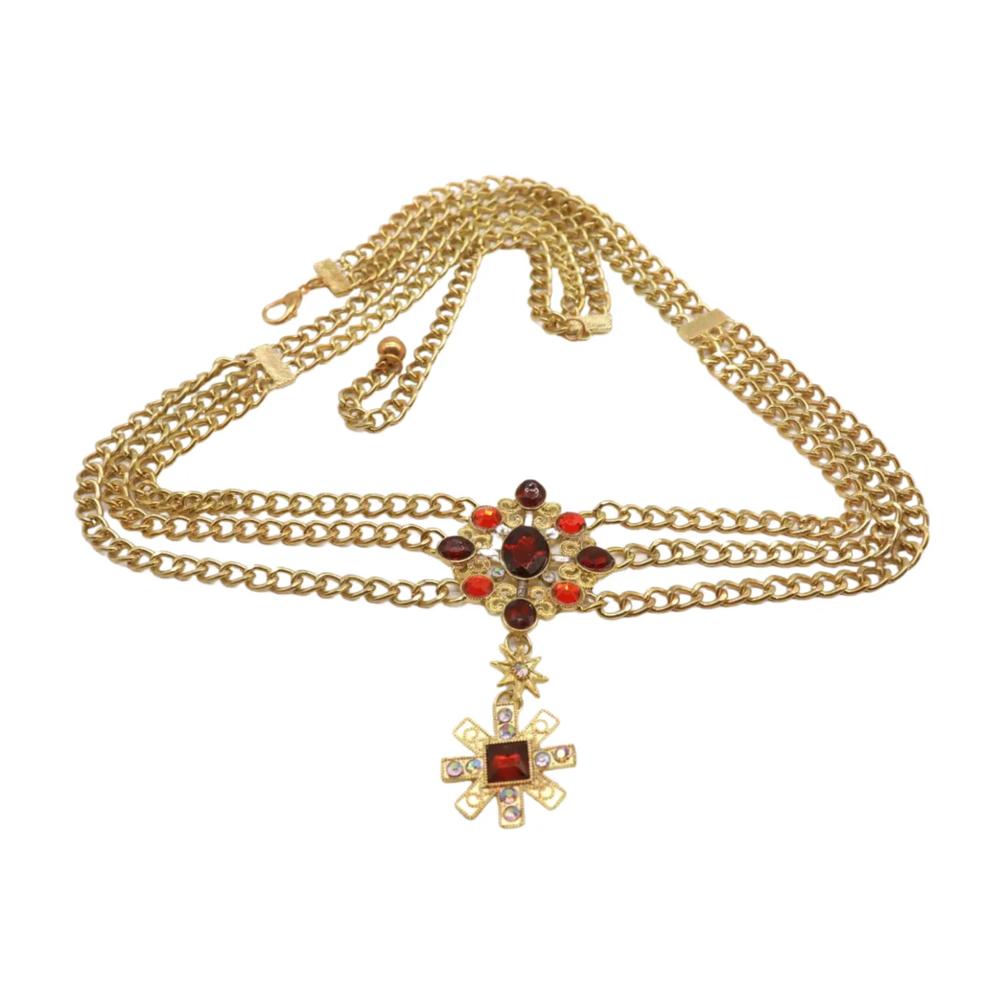 Rusty Gold Metal Chain Belt British Red Cross Star Charm S M