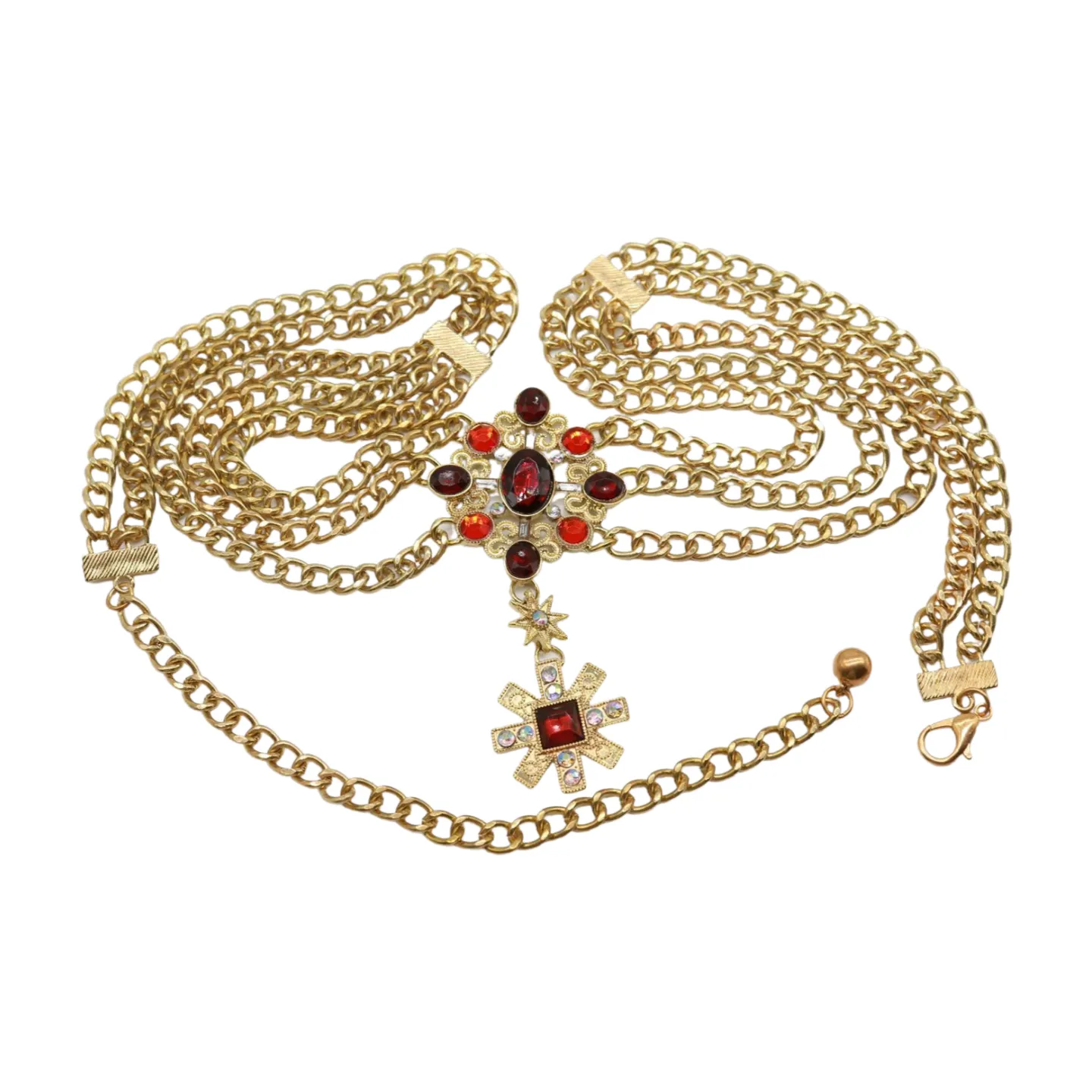 Rusty Gold Metal Chain Belt British Red Cross Star Charm S M