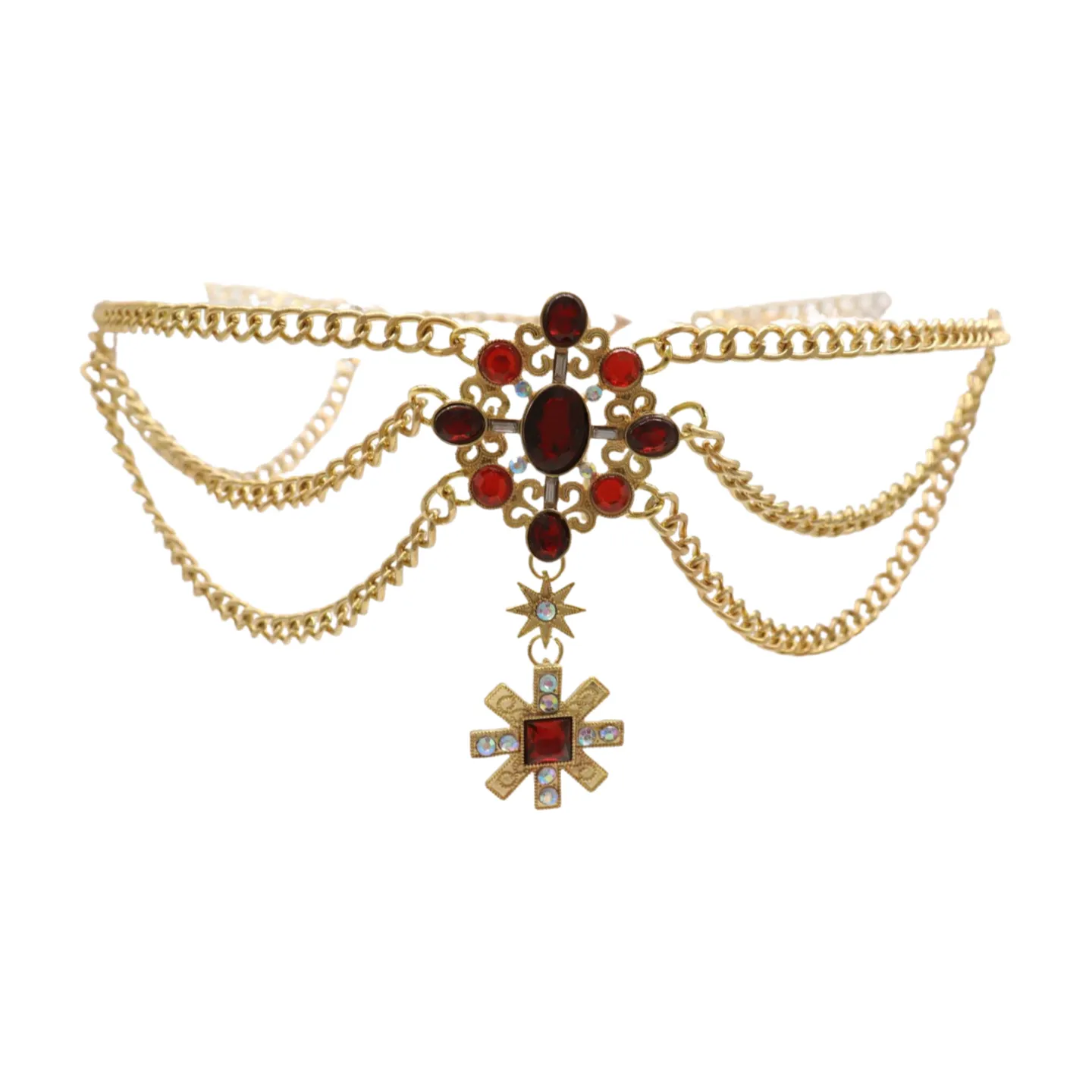 Rusty Gold Metal Chain Belt British Red Cross Star Charm S M