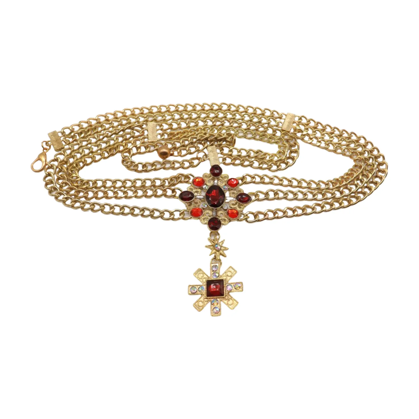Rusty Gold Metal Chain Belt British Red Cross Star Charm S M
