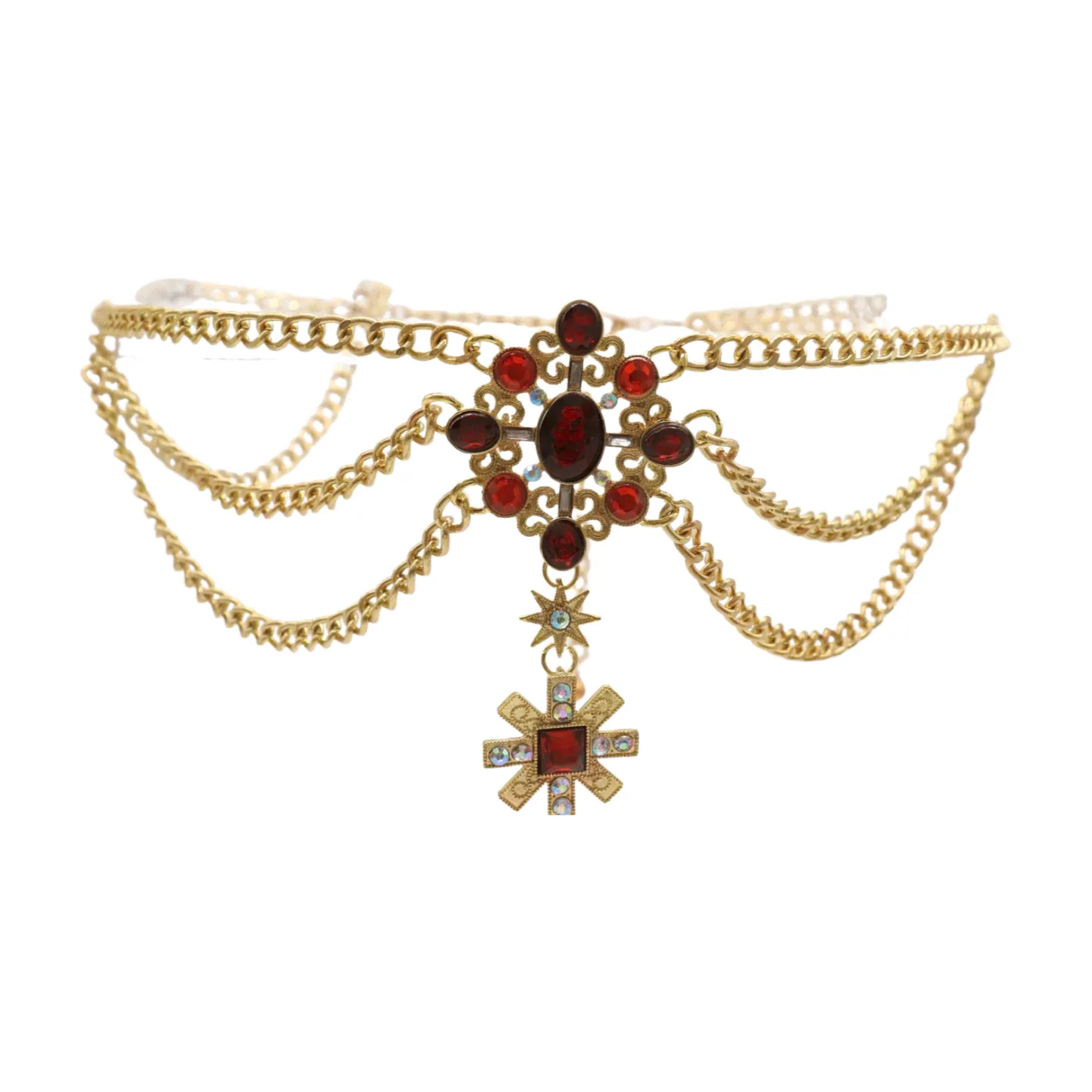 Rusty Gold Metal Chain Belt British Red Cross Star Charm S M