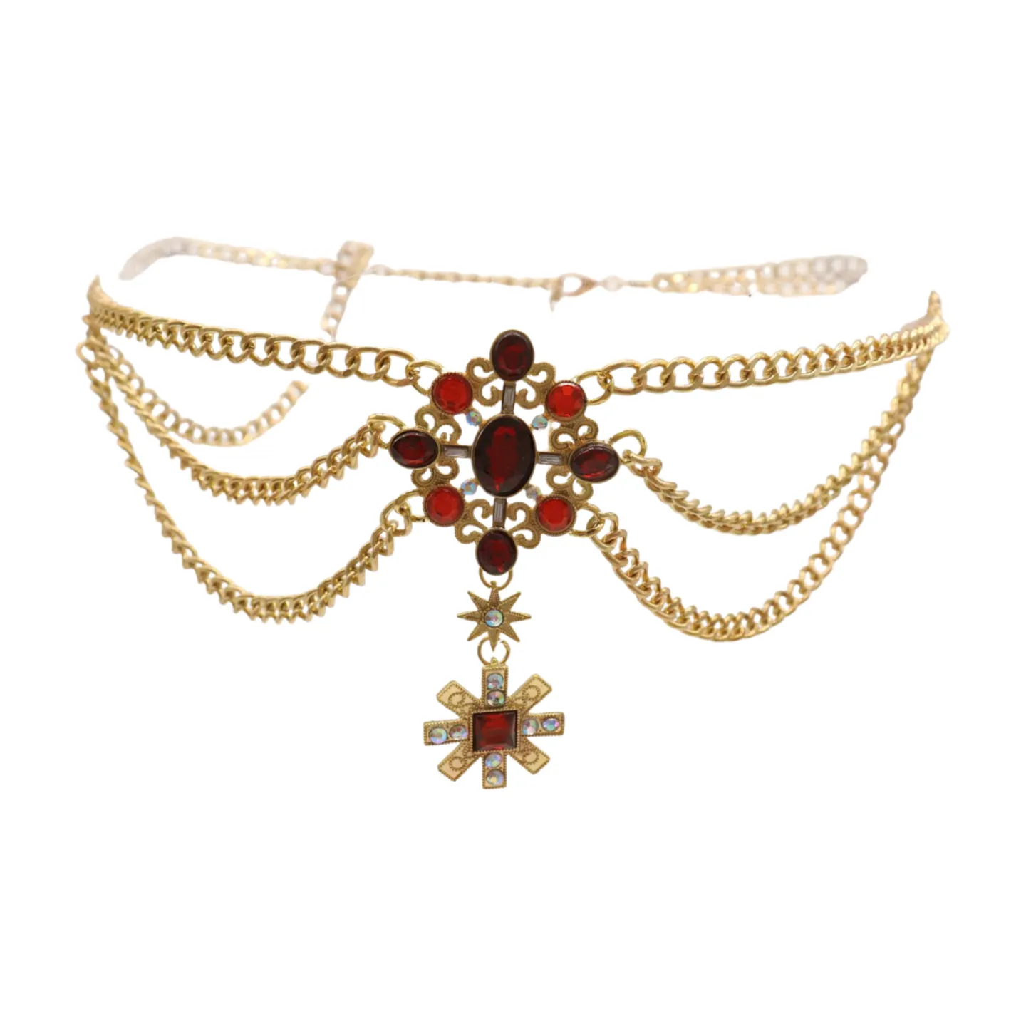Rusty Gold Metal Chain Belt British Red Cross Star Charm S M