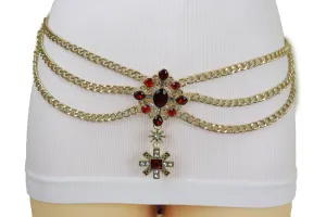 Rusty Gold Metal Chain Belt British Red Cross Star Charm S M
