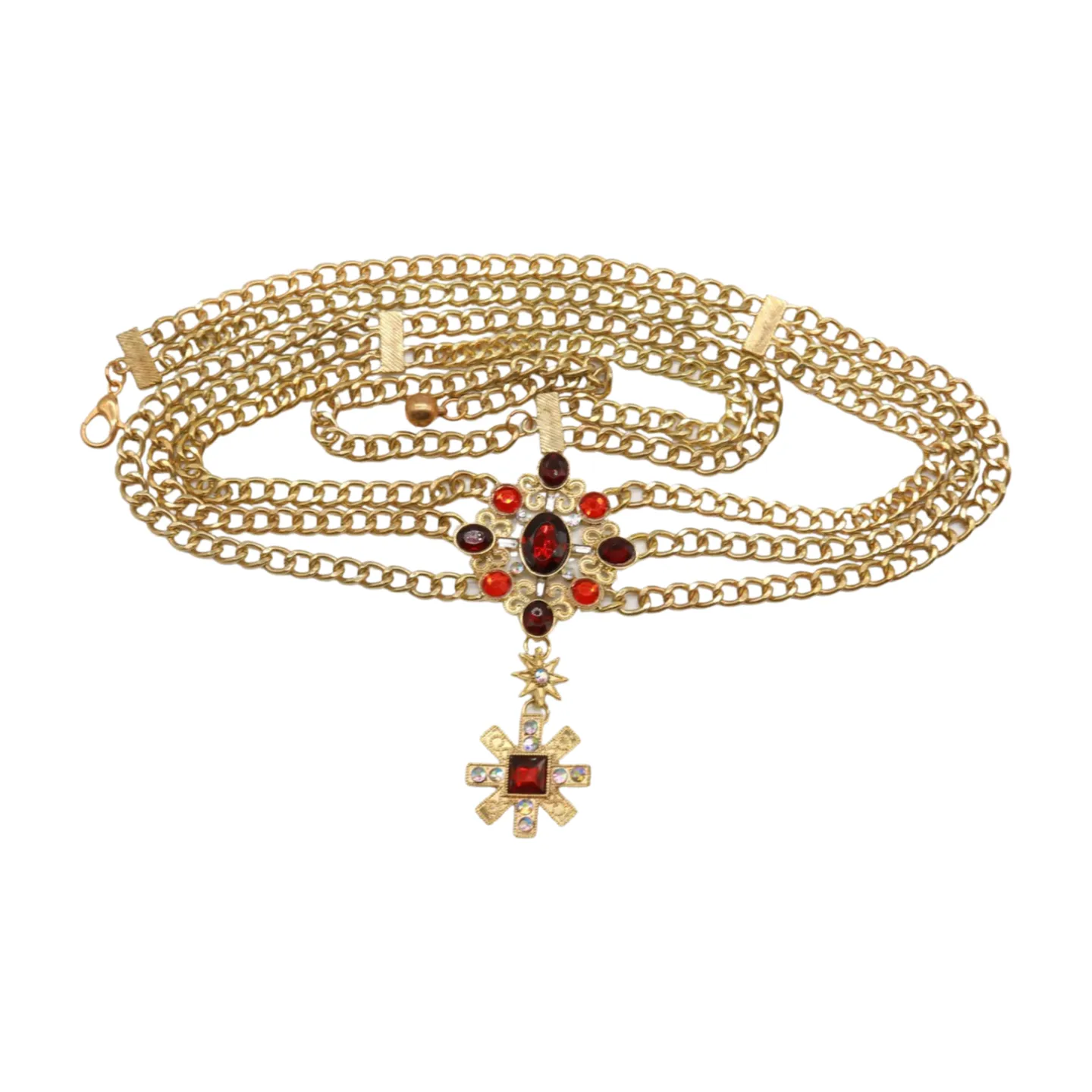 Rusty Gold Metal Chain Belt British Red Cross Star Charm S M