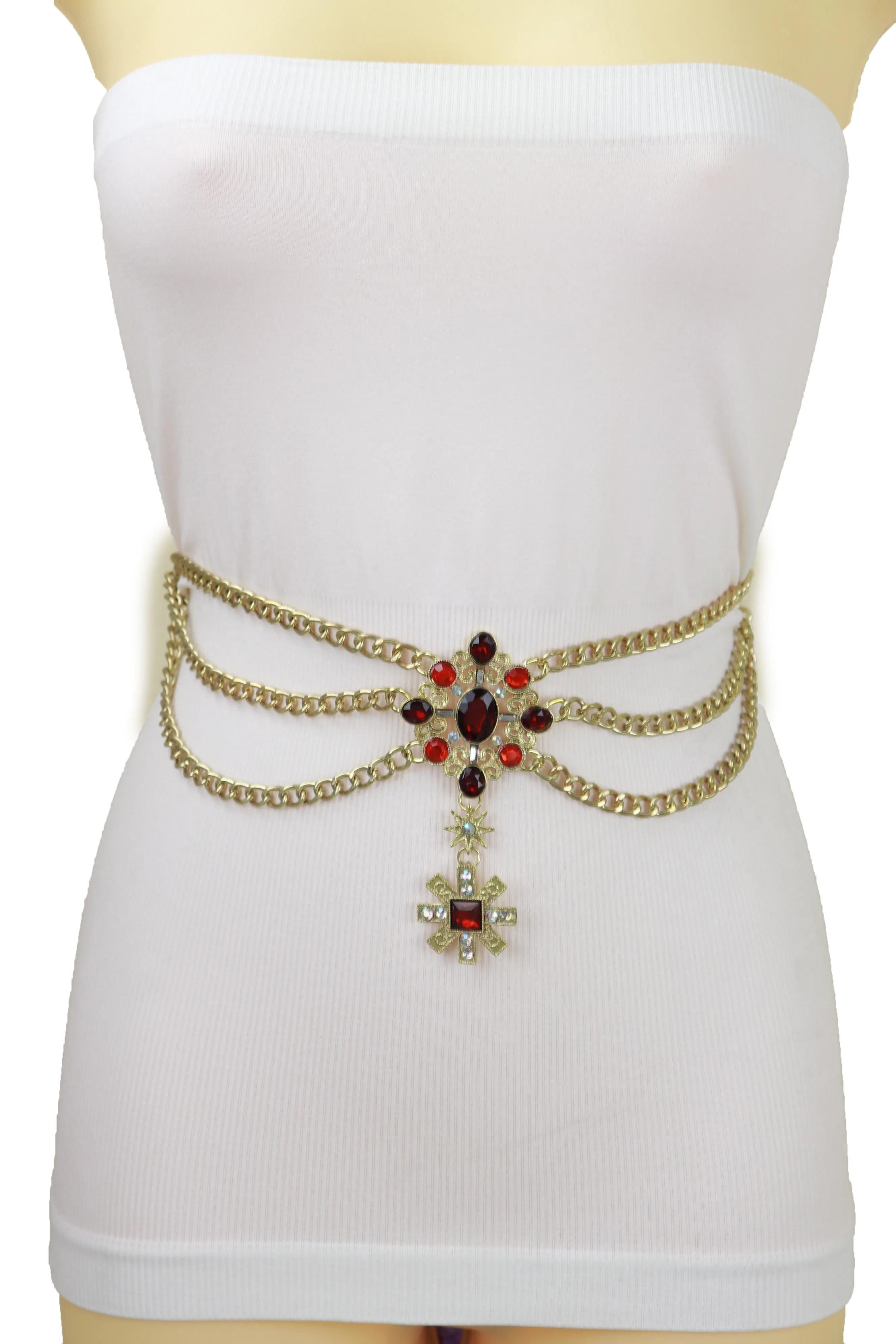 Rusty Gold Metal Chain Belt British Red Cross Star Charm S M