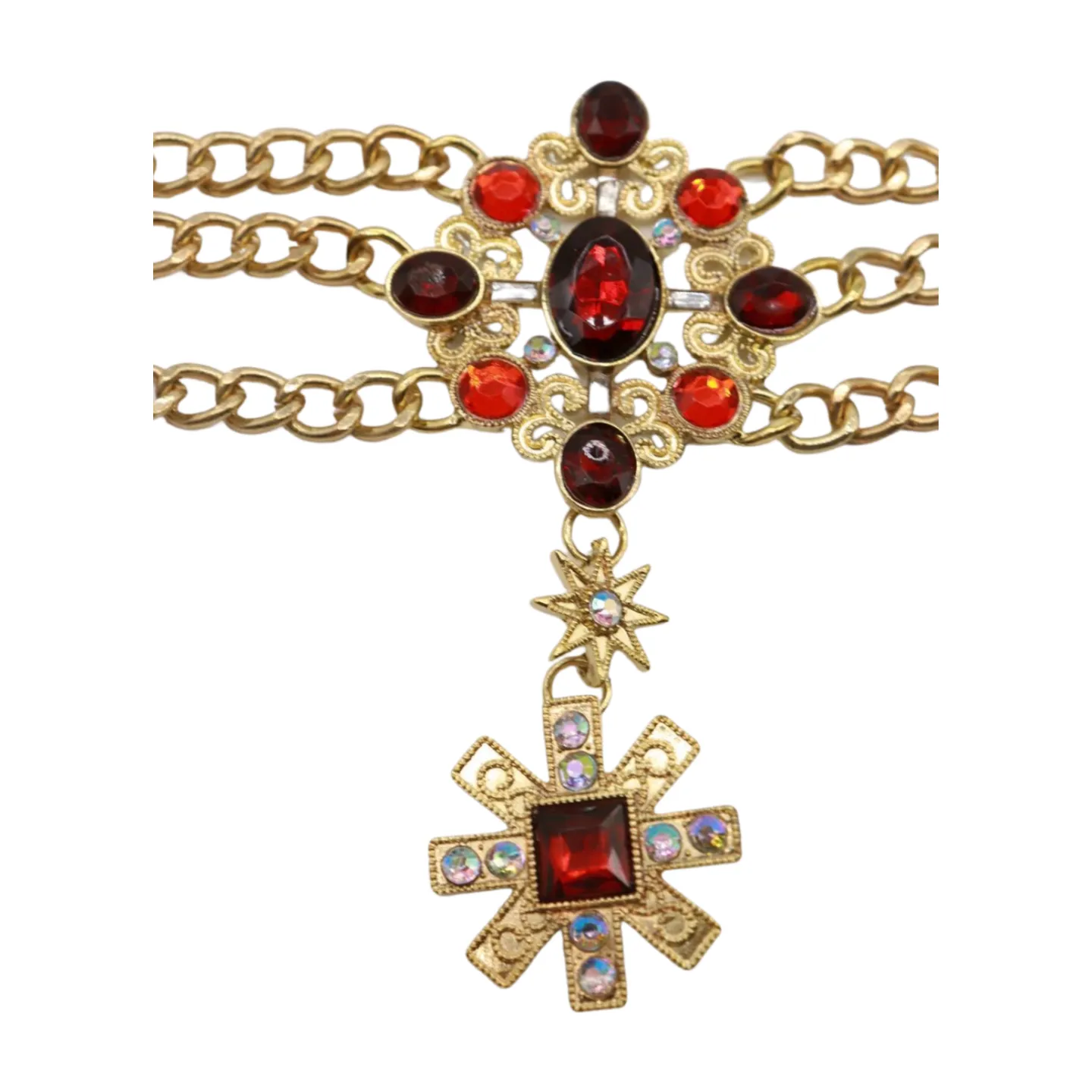Rusty Gold Metal Chain Belt British Red Cross Star Charm S M