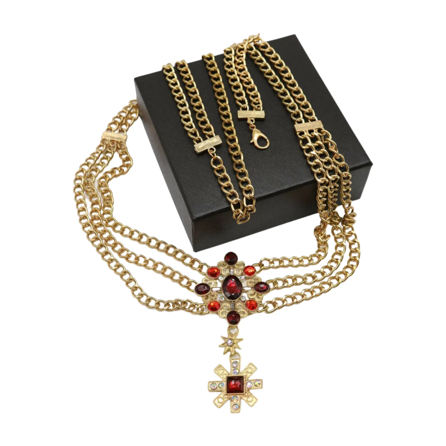 Rusty Gold Metal Chain Belt British Red Cross Star Charm S M