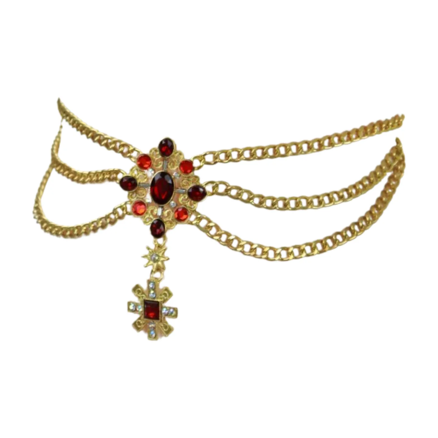 Rusty Gold Metal Chain Belt British Red Cross Star Charm S M