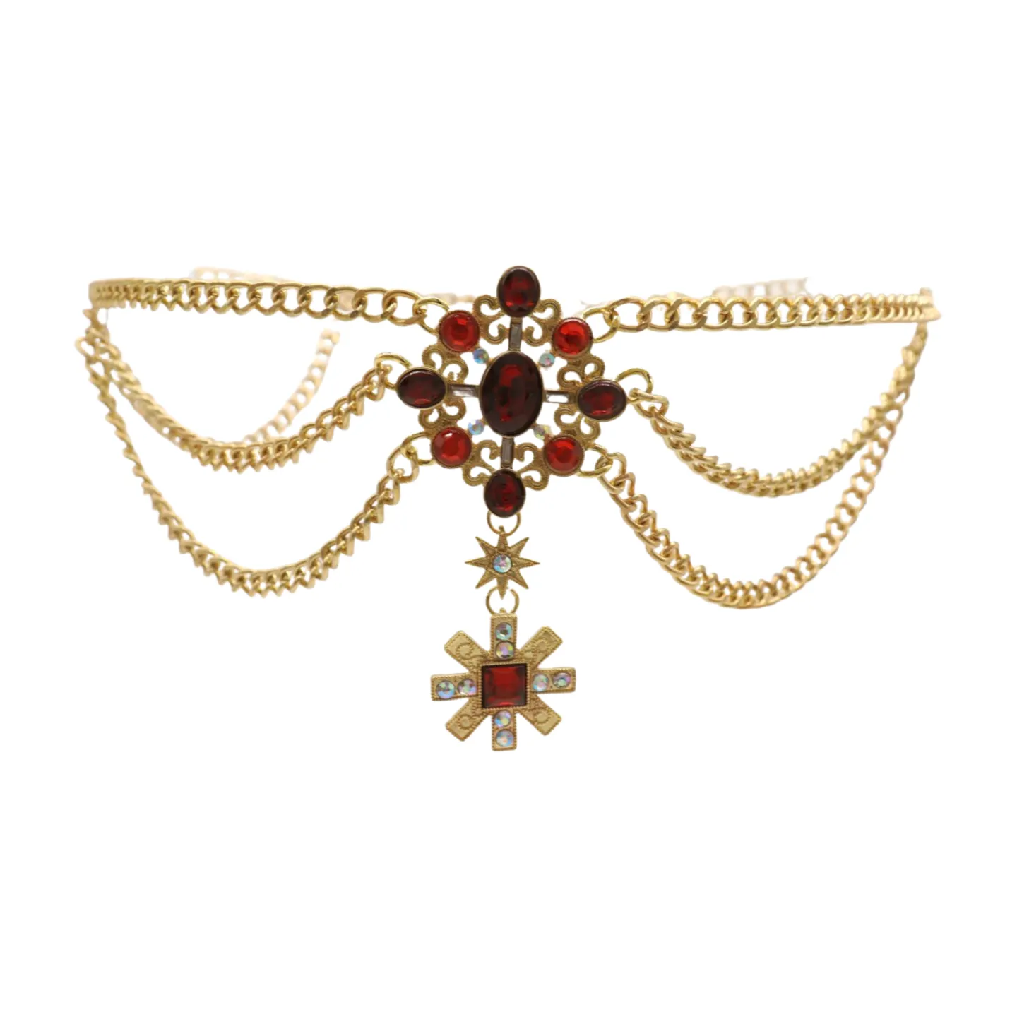 Rusty Gold Metal Chain Belt British Red Cross Star Charm S M
