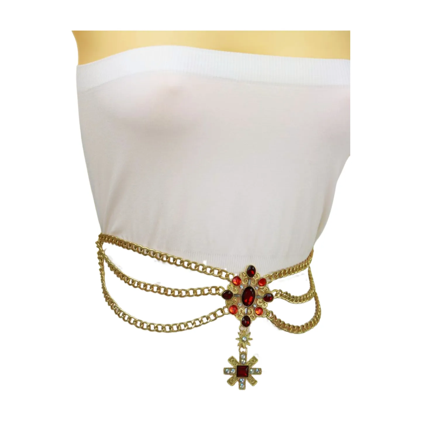 Rusty Gold Metal Chain Belt British Red Cross Star Charm S M