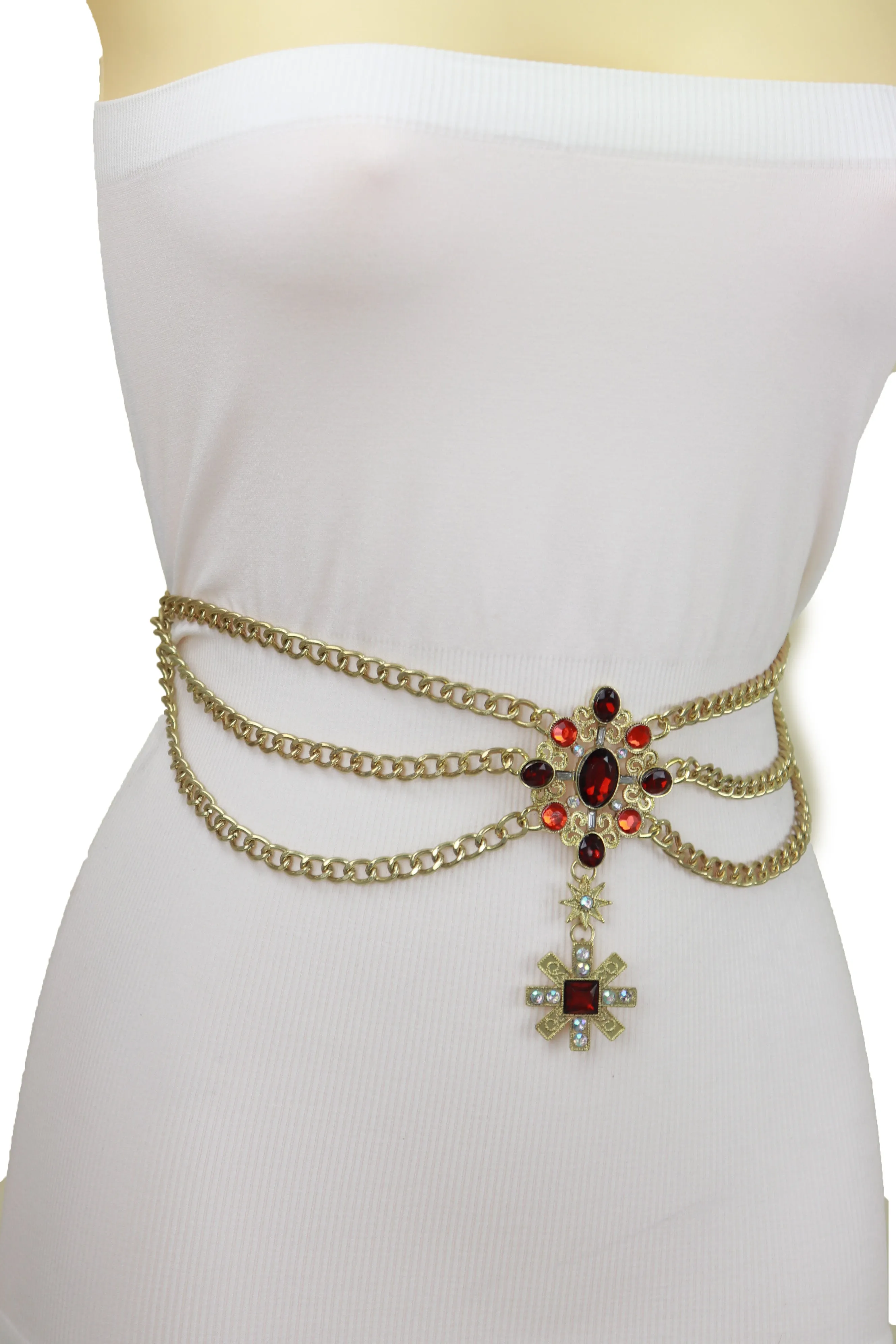 Rusty Gold Metal Chain Belt British Red Cross Star Charm S M