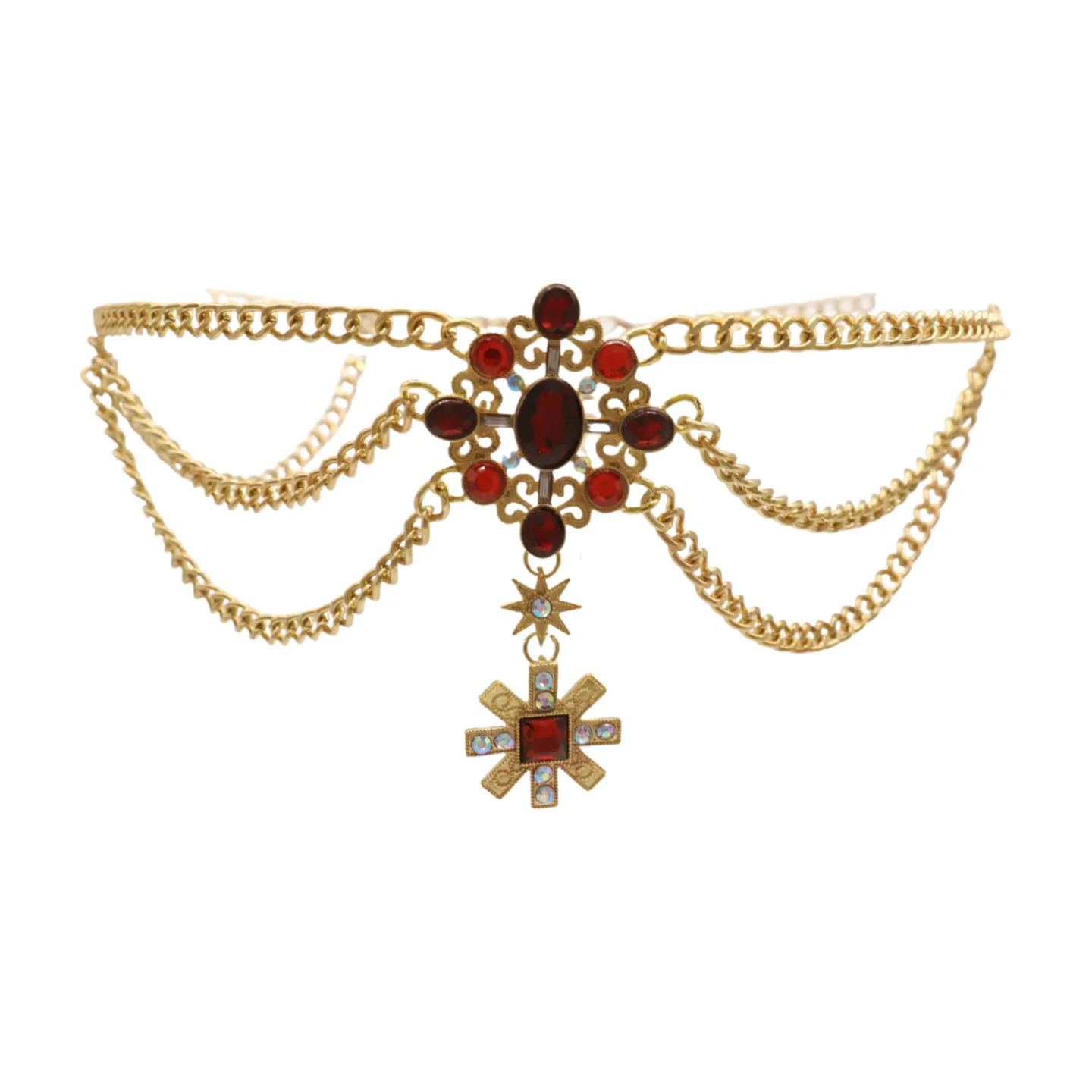 Rusty Gold Metal Chain Belt British Red Cross Star Charm S M