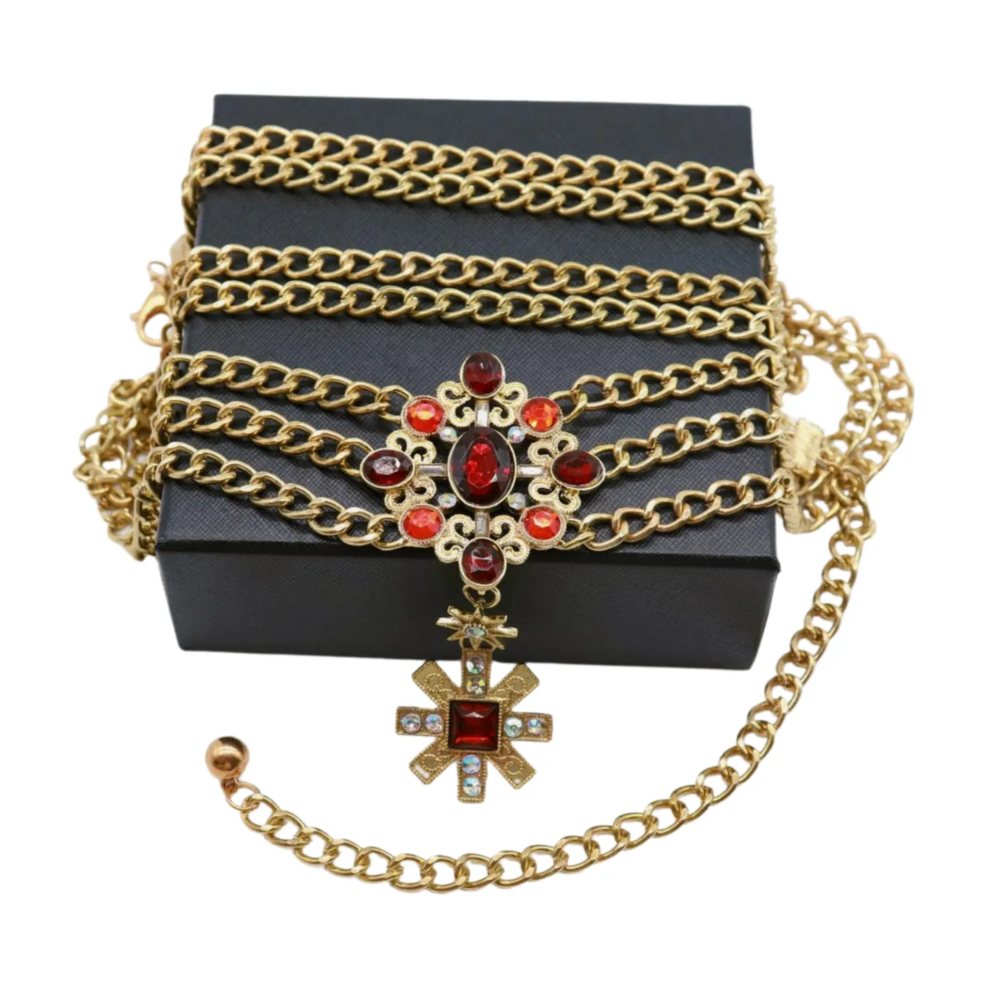 Rusty Gold Metal Chain Belt British Red Cross Star Charm S M