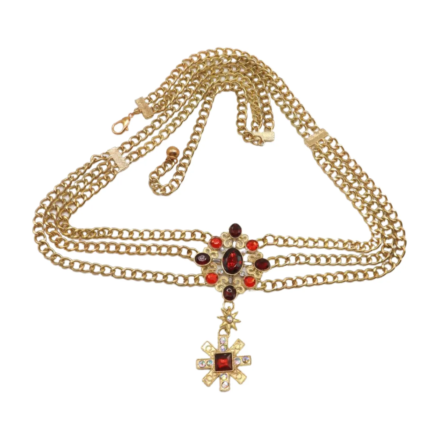 Rusty Gold Metal Chain Belt British Red Cross Star Charm S M