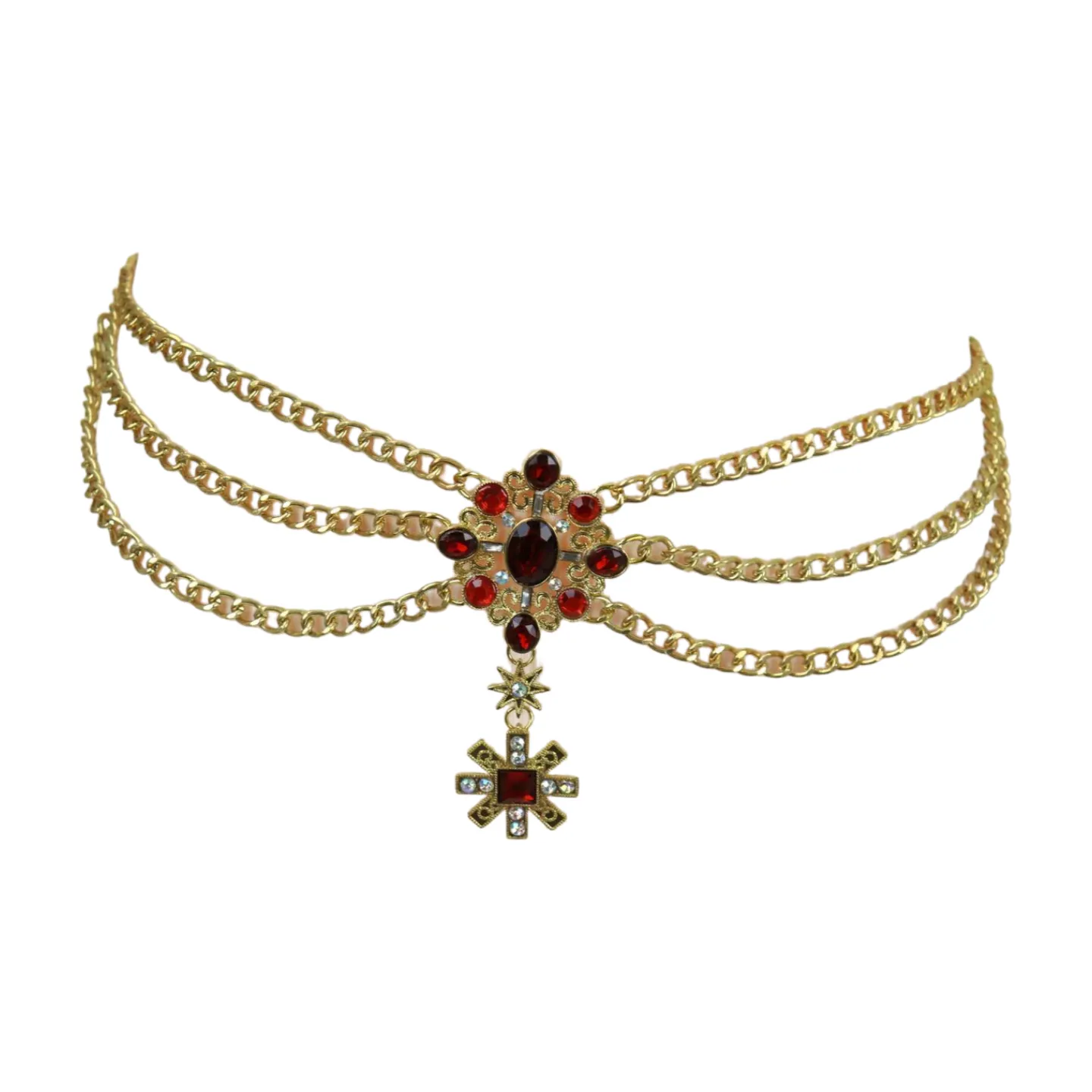 Rusty Gold Metal Chain Belt British Red Cross Star Charm S M