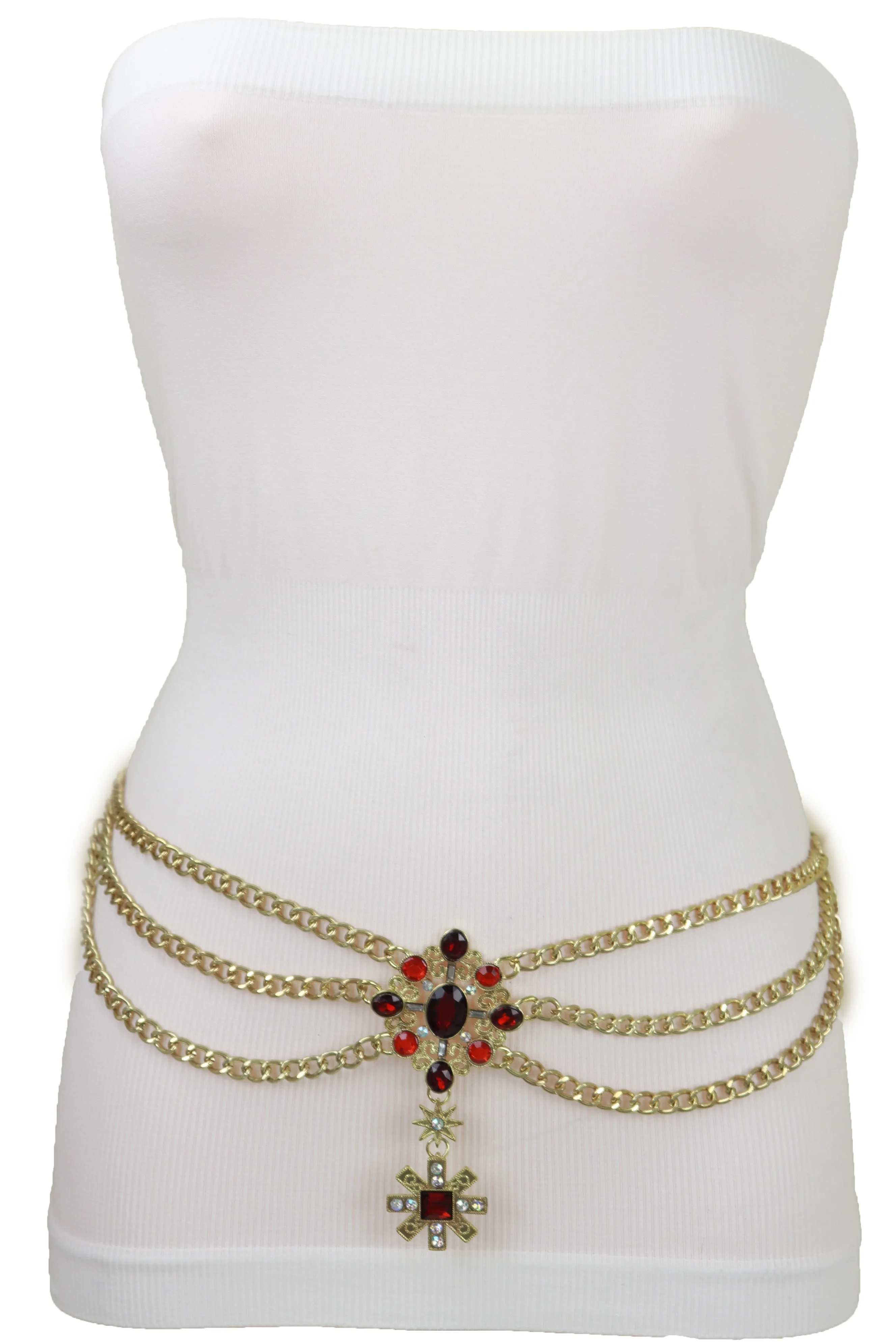 Rusty Gold Metal Chain Belt British Red Cross Star Charm S M