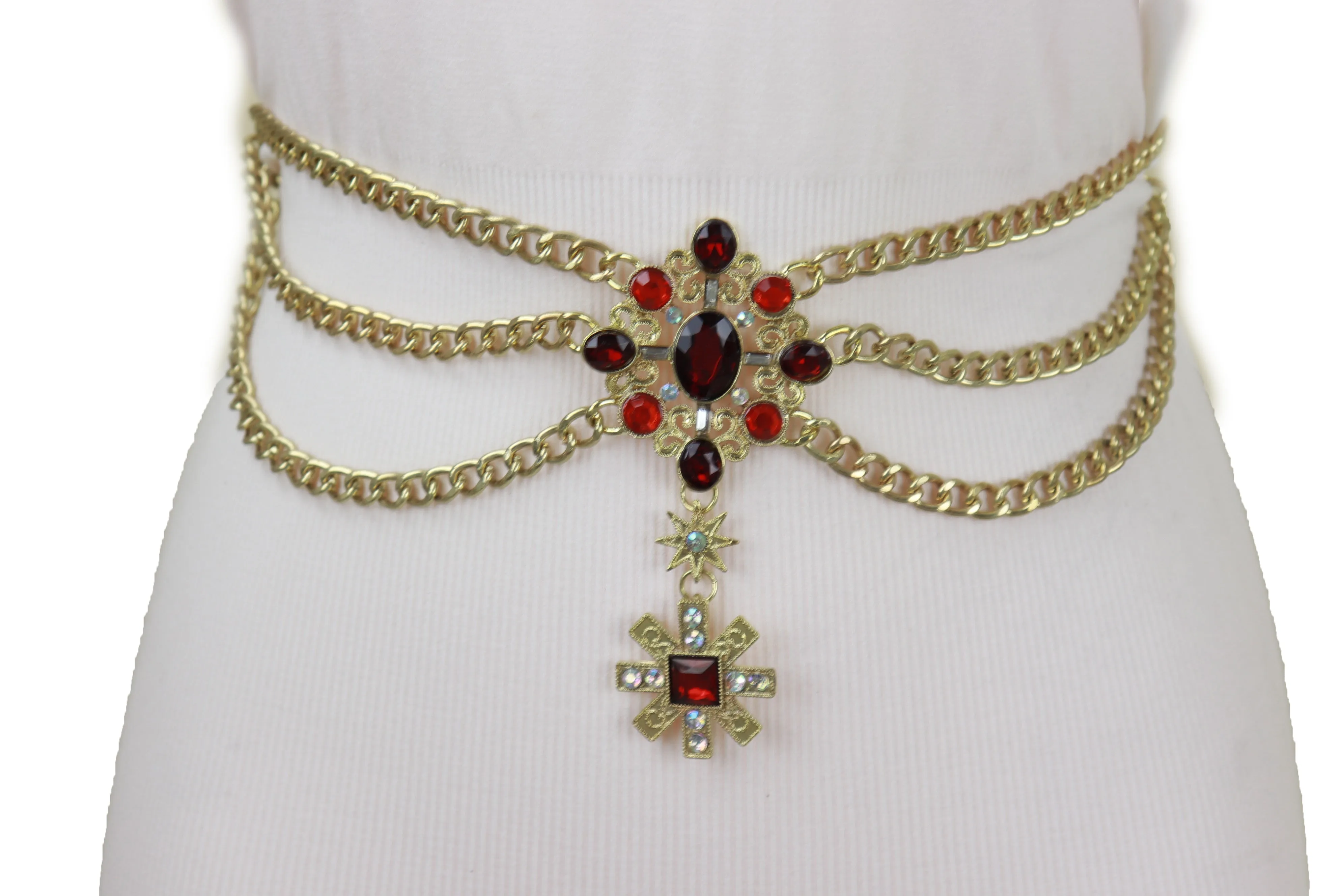 Rusty Gold Metal Chain Belt British Red Cross Star Charm S M