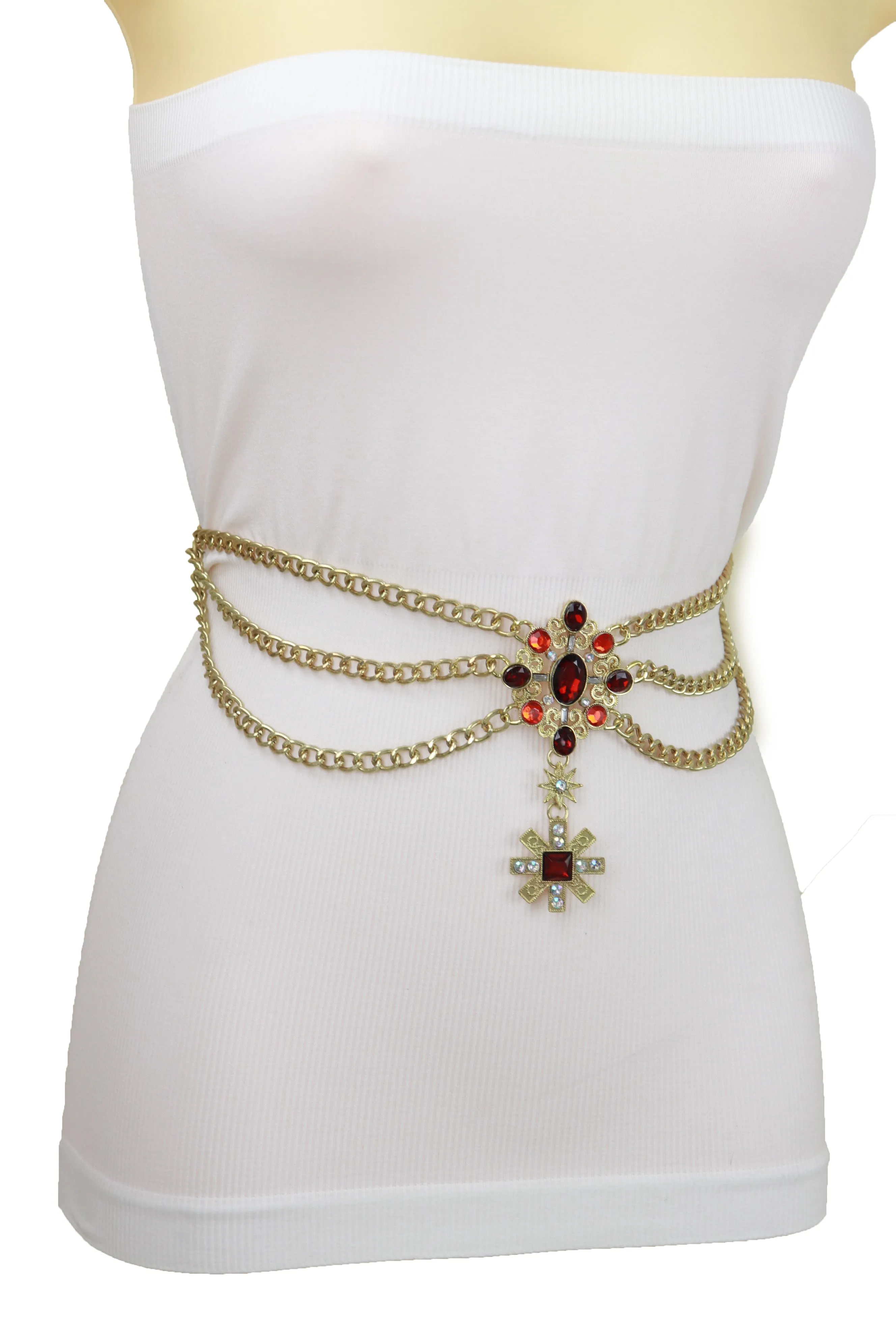 Rusty Gold Metal Chain Belt British Red Cross Star Charm S M